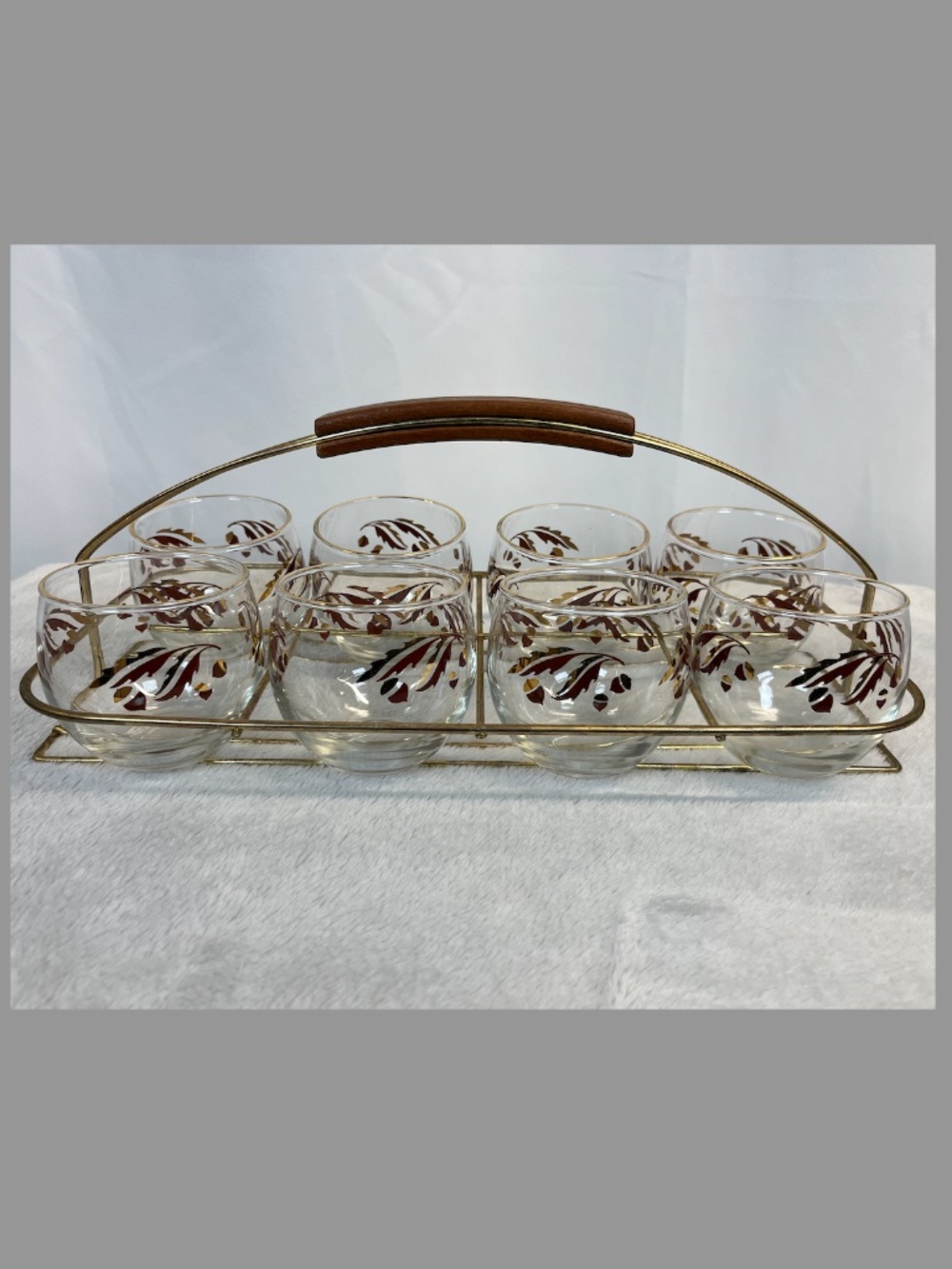 Vintage MCM Roly Poly Cocktail Glasses & Caddy Set of 8 Barware Fall Theme